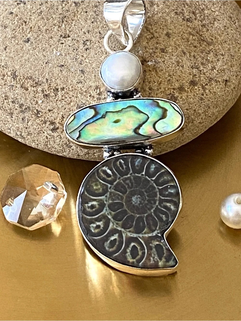 Ammonite Fossil, Abalone Shell And Pearl Pendant